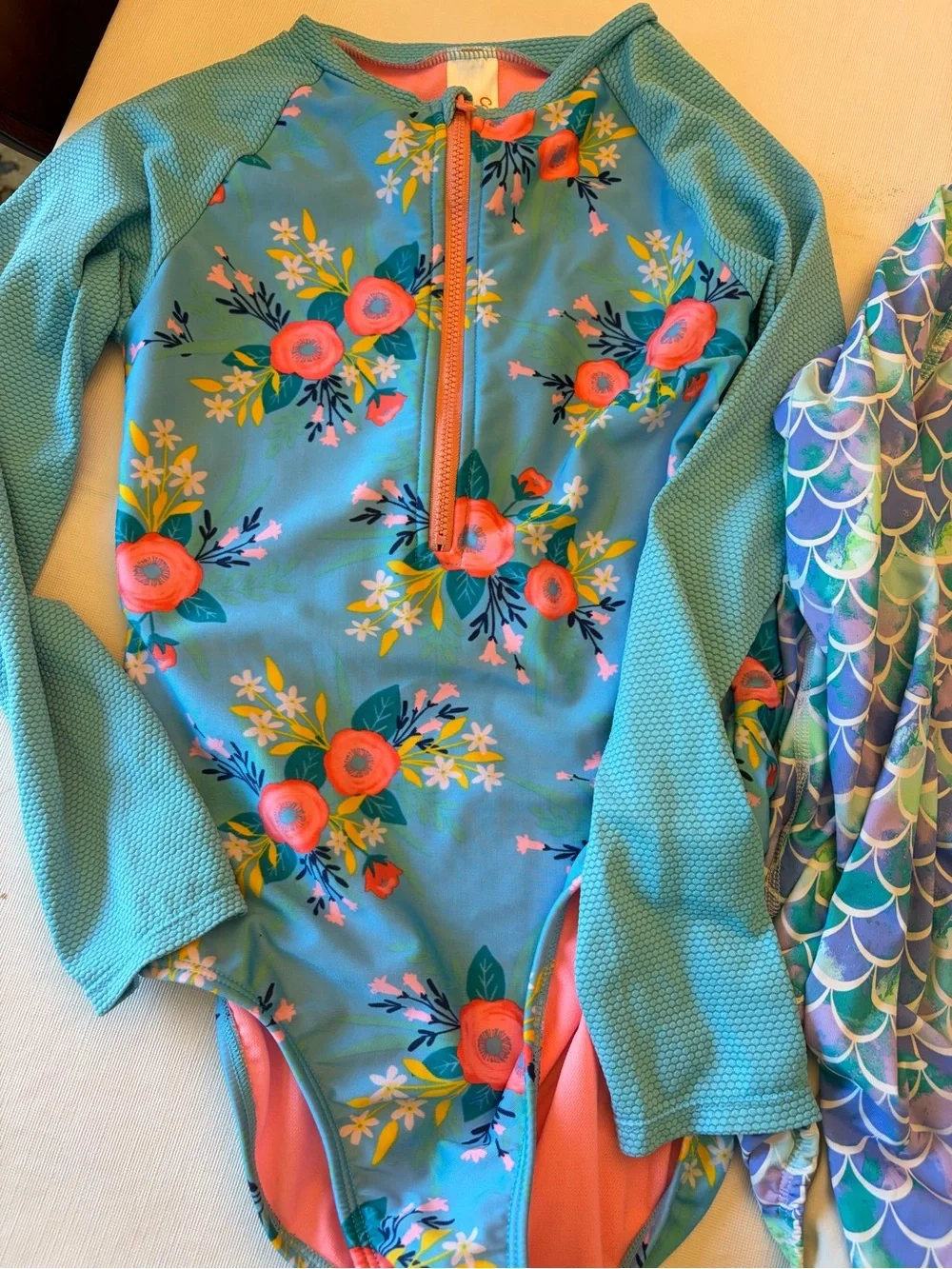 Girls 10/12 Long Sleeve Swim Suit - Teal Floral & Mermaid Print bundle